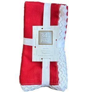 34TH & PINE Red White Lace 100% Cotton Cloth Napkins Set of 8 NWT